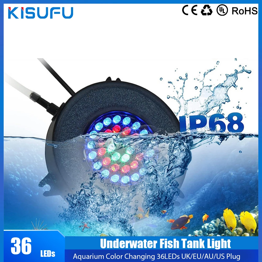 

IP68 RGB Underwater Fish Tank Light Aquarium Color Changing 36LEDs UK/EU/AU/US Plug LED Air Light Making Oxygen for Fish Tank