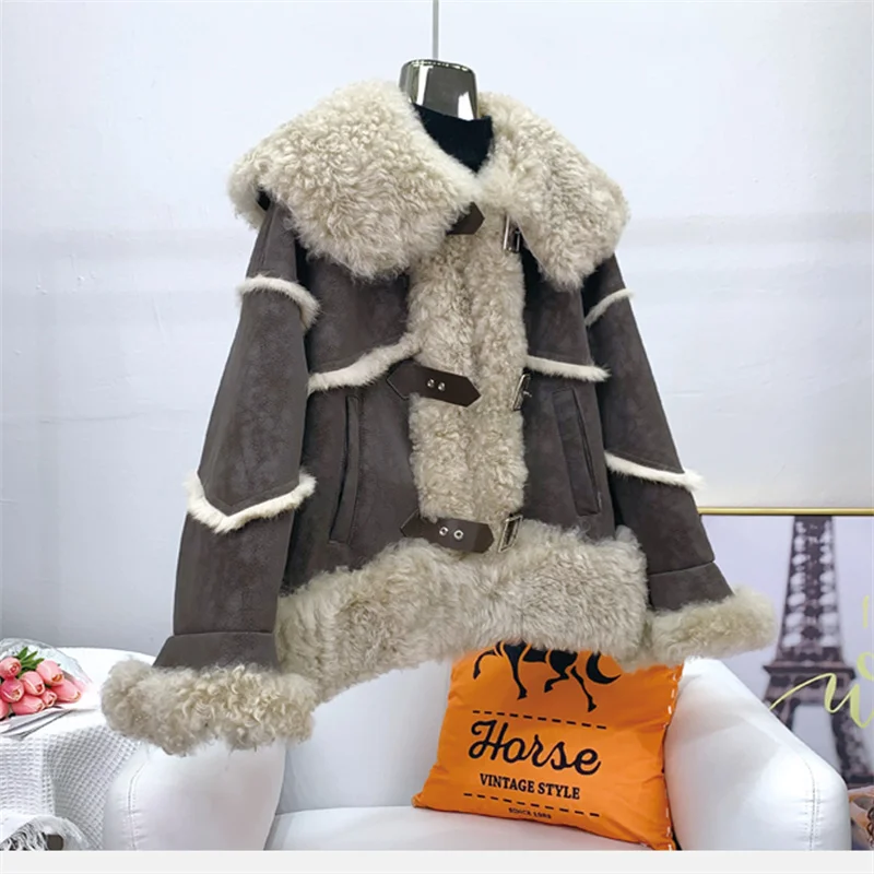 2023 New Lady Girl Rabbit Fur Winter Coats Female Wool Fur Collar Warm Short Jacket Overcoat JT3155