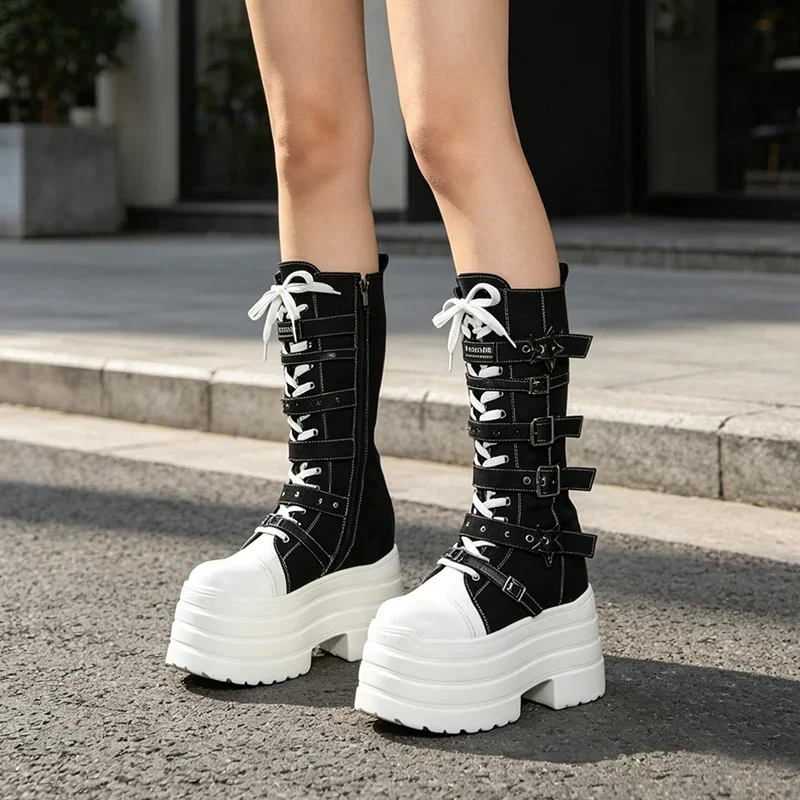 12CM Original Subkultur Plateau-Stiefel 2026 Frühling Herbst Japanische Y2k Punk Dark Girls Canvas Schuhe Damen Pumps – Detail 10