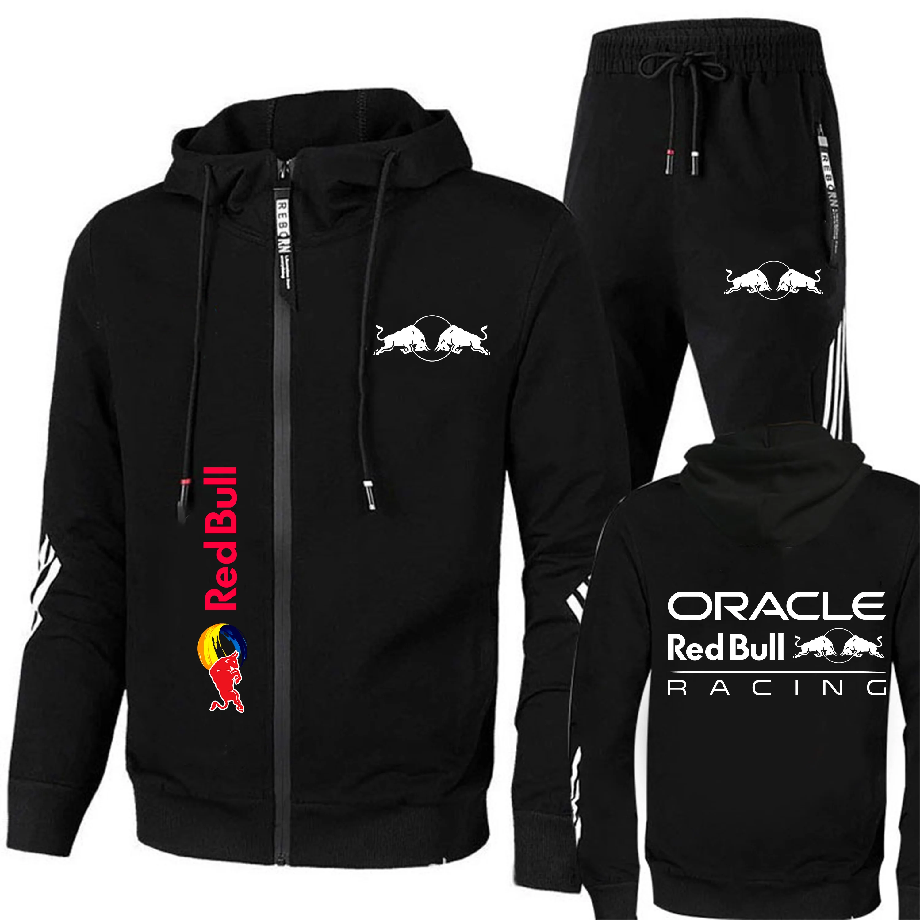 Primavera y otoño Red Bull Racing Logo Sudadera con capucha para hombre Sudadera con cremallera + Pantalones Conjunto de deportes al aire libre de dos piezas para deportes extremos Red Bull