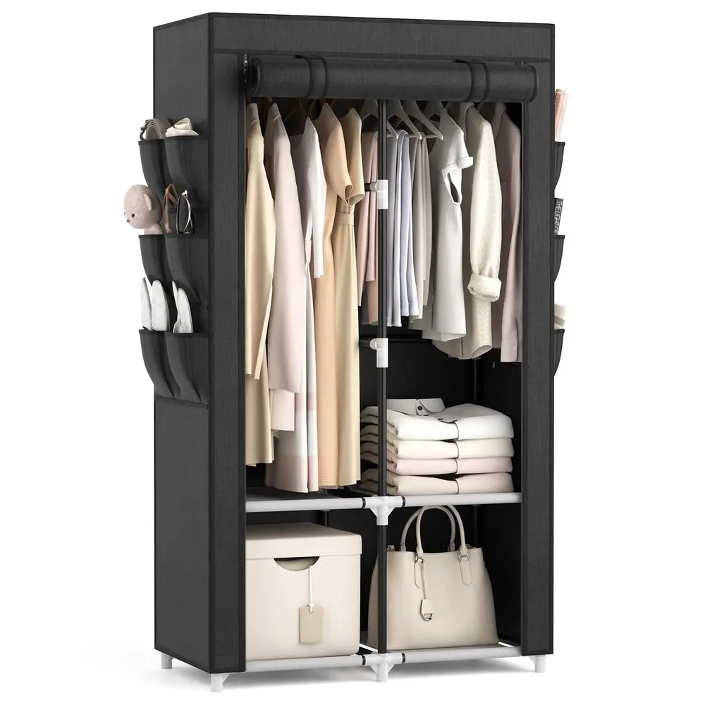 

Portable Closet Wardrobe Closet for Hanging Clothes with 4 Storage Shelves, 2 Hanging Rods and 6 Pockets, Stable and Easy Assem