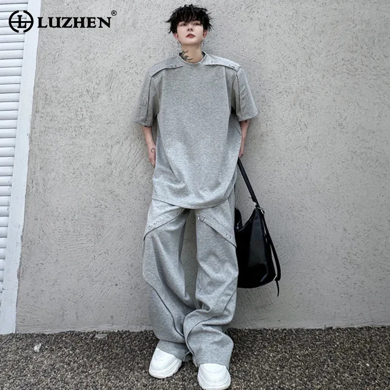 

LUZHEN T Design Metal Short Sleeved Decorate Splicing Plain Shirts Two-piece Sets Stylish Streetwear Men's Straight Pants JY2526