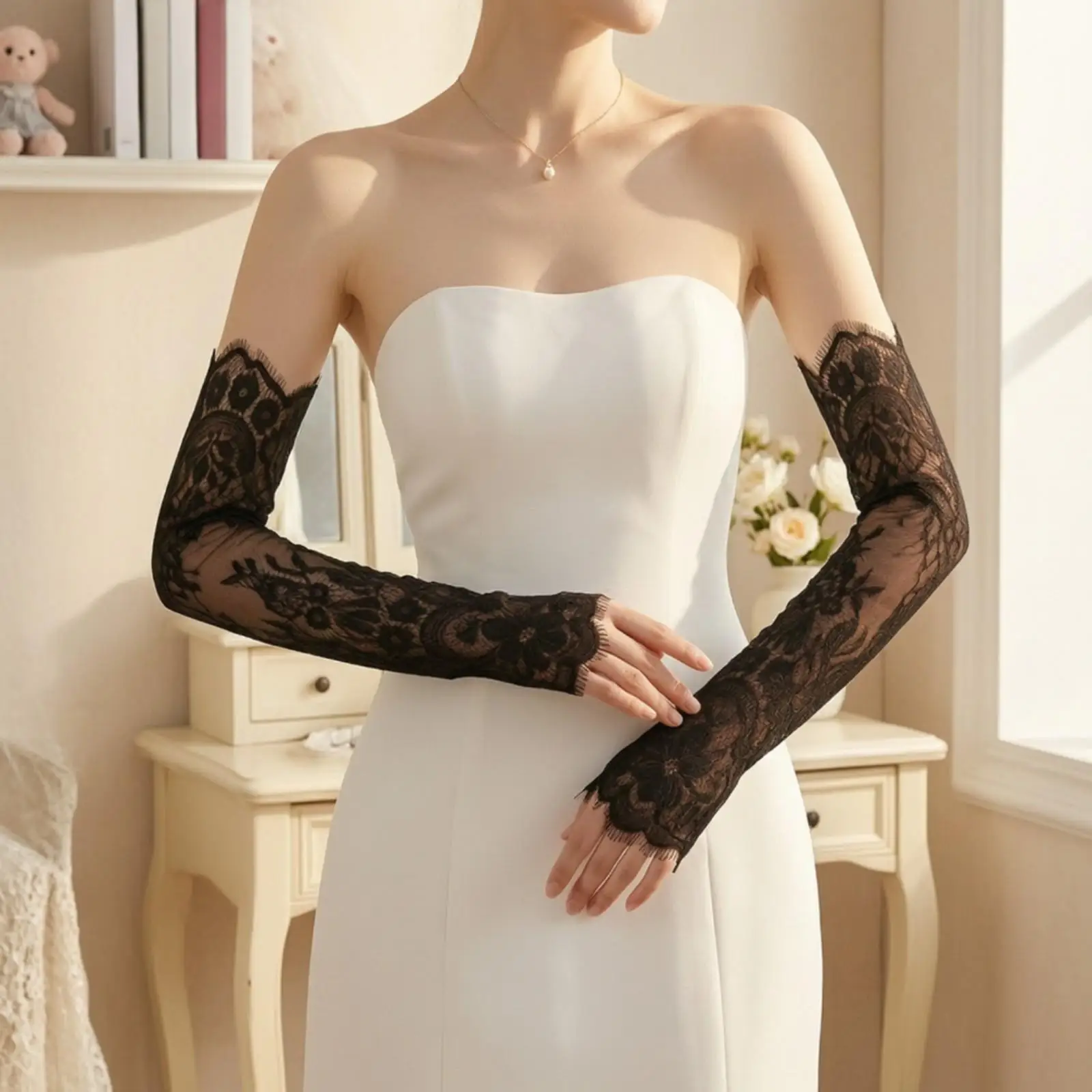 Floral Fingerless Sleeve Gloves | Elegant Delicate Mesh Pattern Edges, Lace Sleeves with Eyelash Finish, for Weddings
