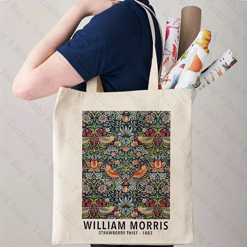 William Morris Strawberry Thief Pattern Print Tote Bags 100% Canvas Luggage Bag Gift for Him Her Vintage Art Nouveau Exhibition