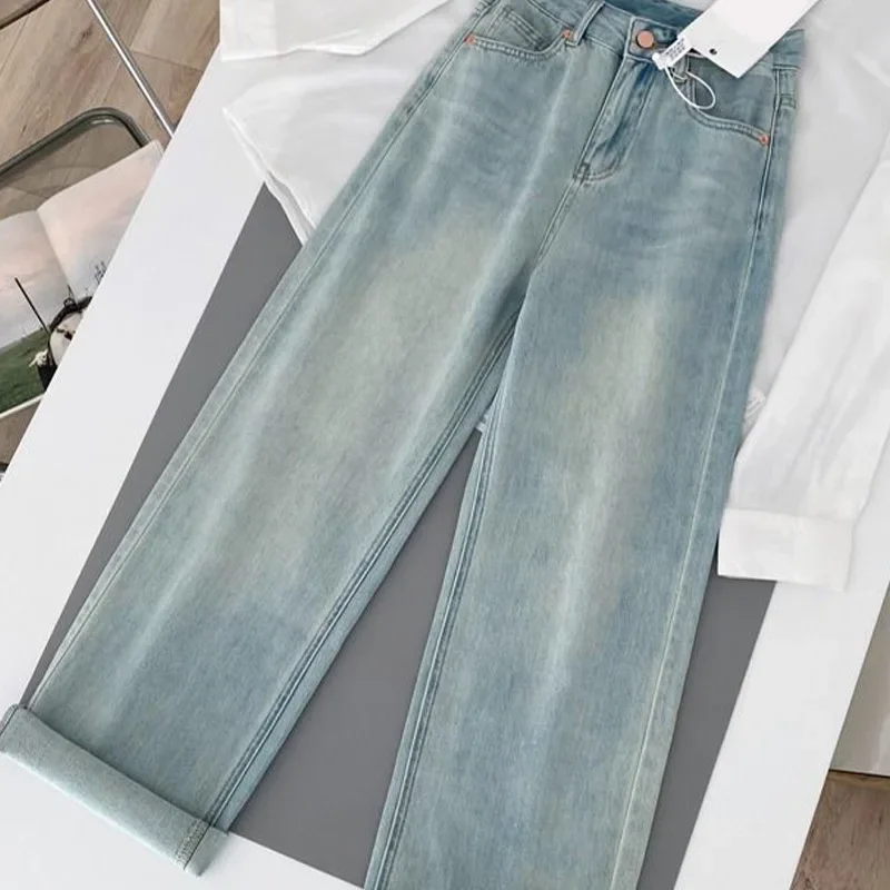 Jeans für Damen, Denim, weites Bein, gerade Hose, hohe Taille, Distressed, gewaschen, 2025, Streetwear, Taschen, Knopf in voller Länge