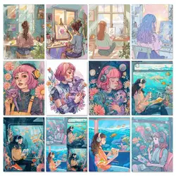 GATYZTORY Cartoon Painting By Numbers Anime Girls For Adults Handicrafts Kits Landscape Coloring By Numbers Drawing Wall Art Gif