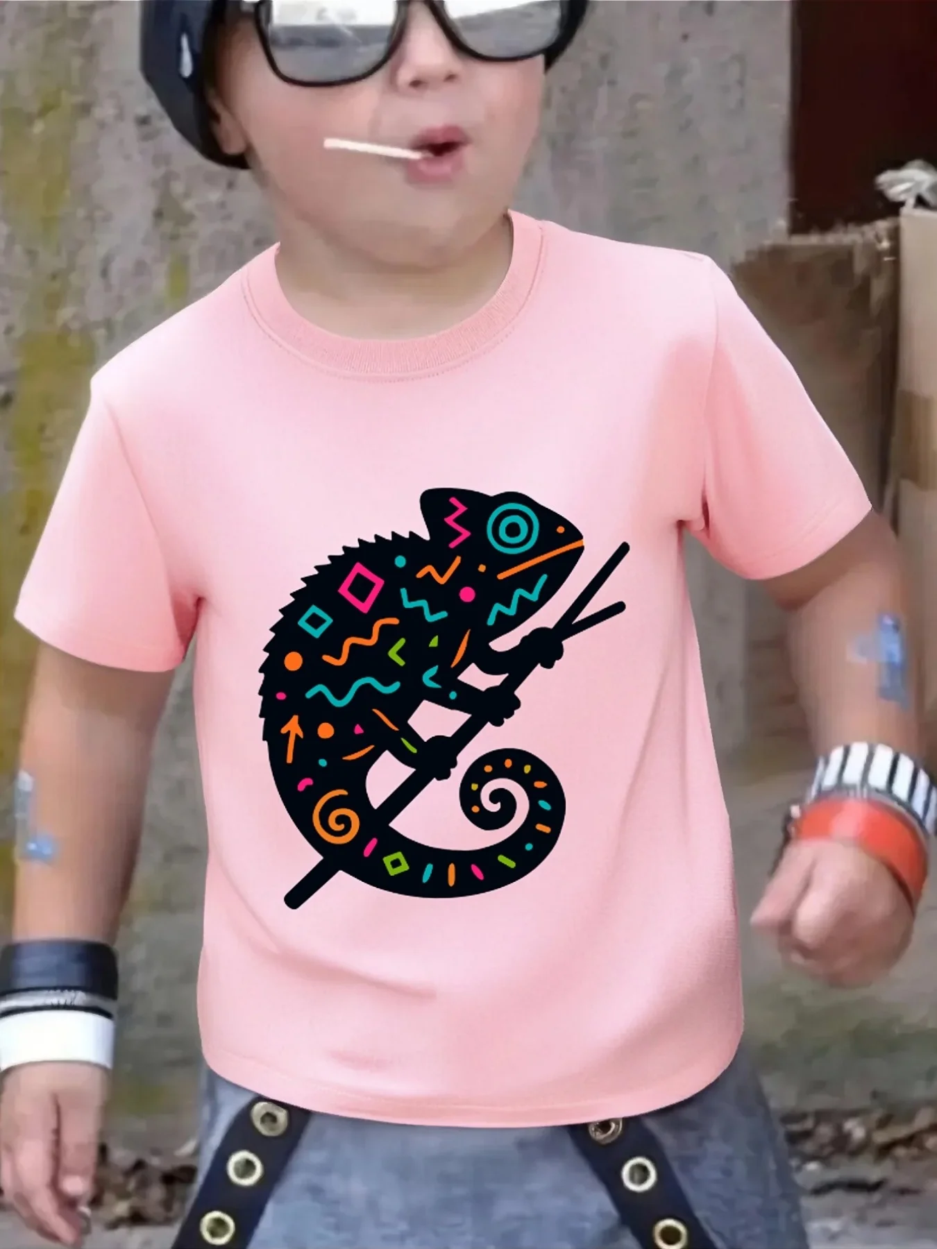 Chameleon Color Geometric Pattern Graphic Family Matching T Shirt Boys Girls Short Sleeve Summer Crew Parent Child Casual Tops