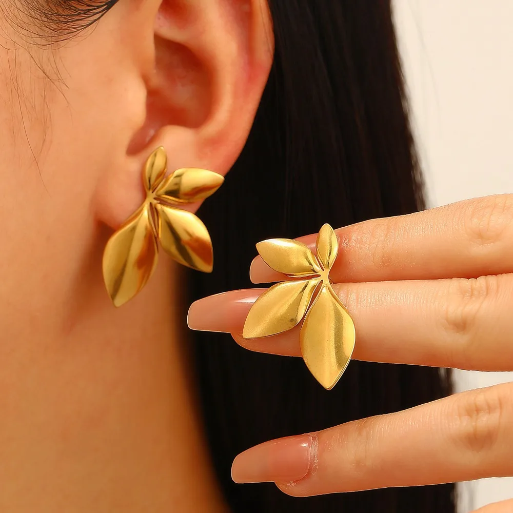 Women Stainless Steel Leaf Flower Stud Earrings, Niche High-End Statement Light Luxury Euro-American Ear Jewelry