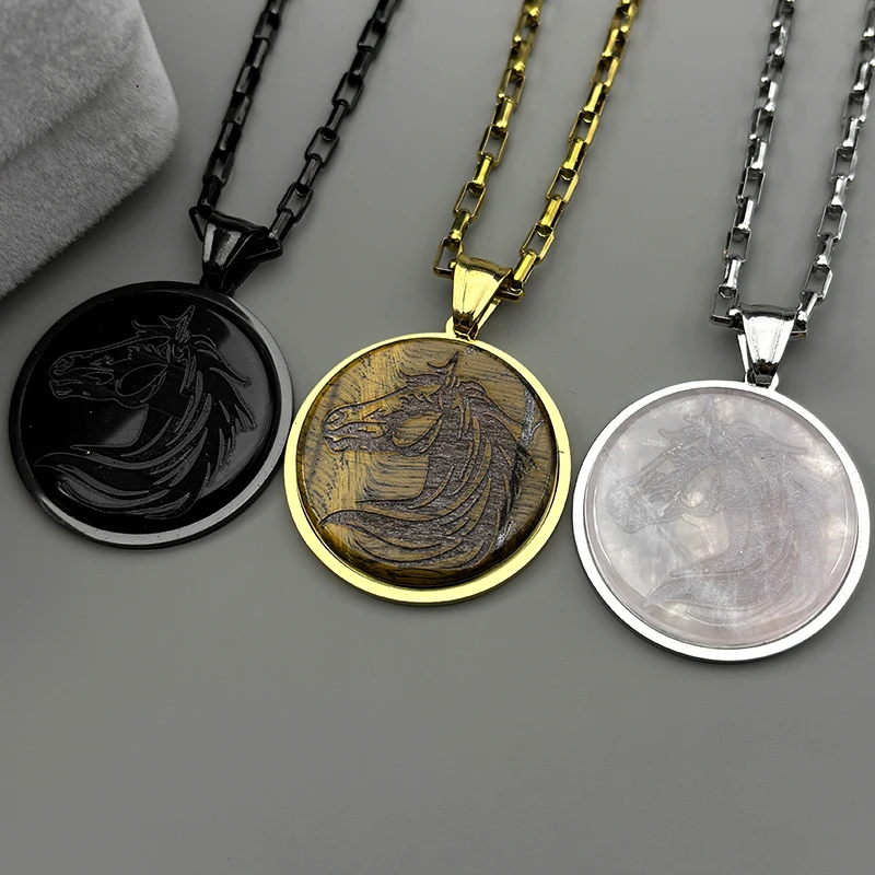 

Fashion Natural Stones Horsehead Pendant Necklace for Women Men Stainless Steel Animal Hip Hop Necklaces Friendship Jewelry