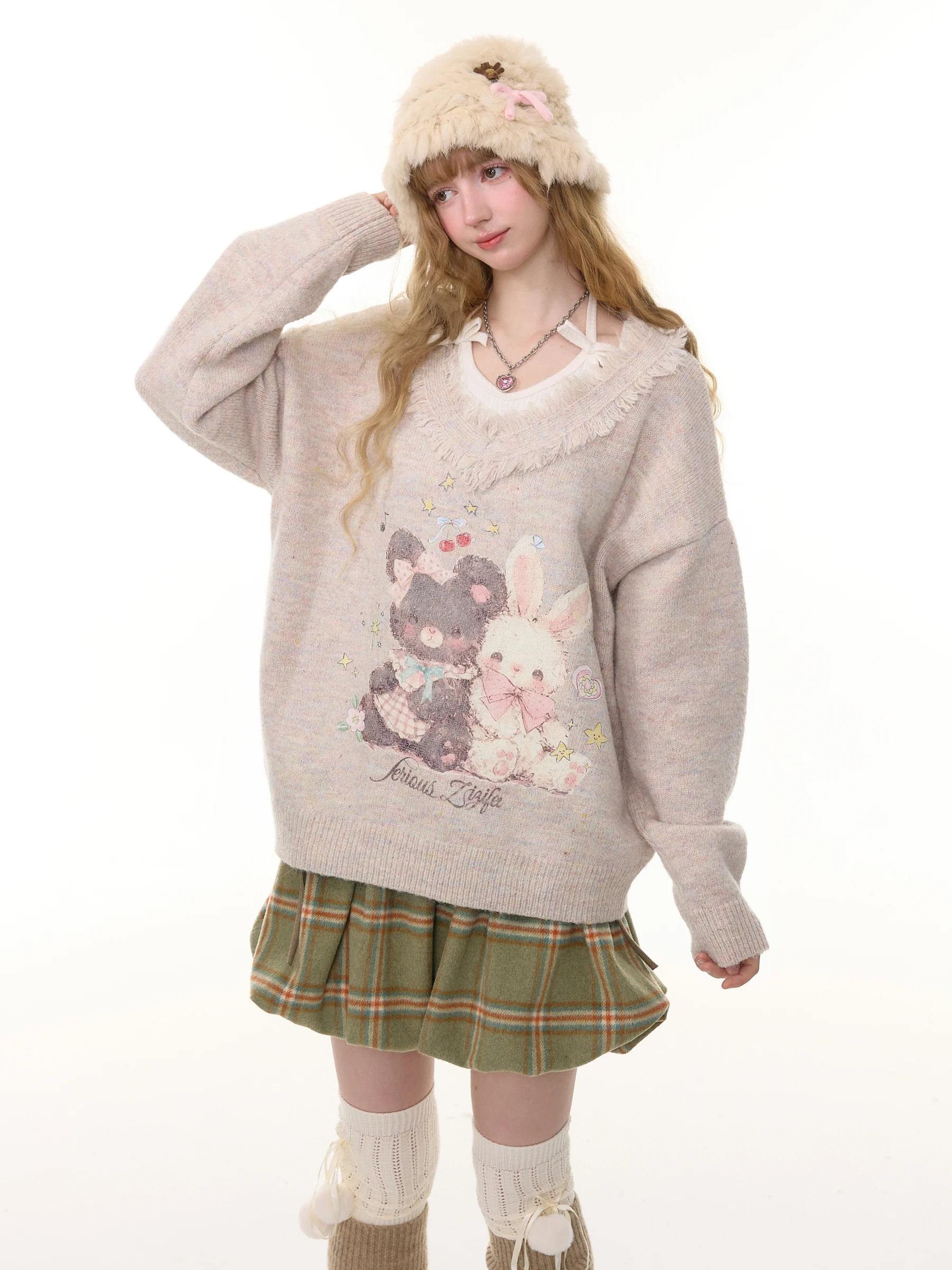 

ZiziFei Autumn Winter Soft Cozy Women's Knitwear V-Ne Print Bear Rabbit Design Pastel Yellow Retro American Sle