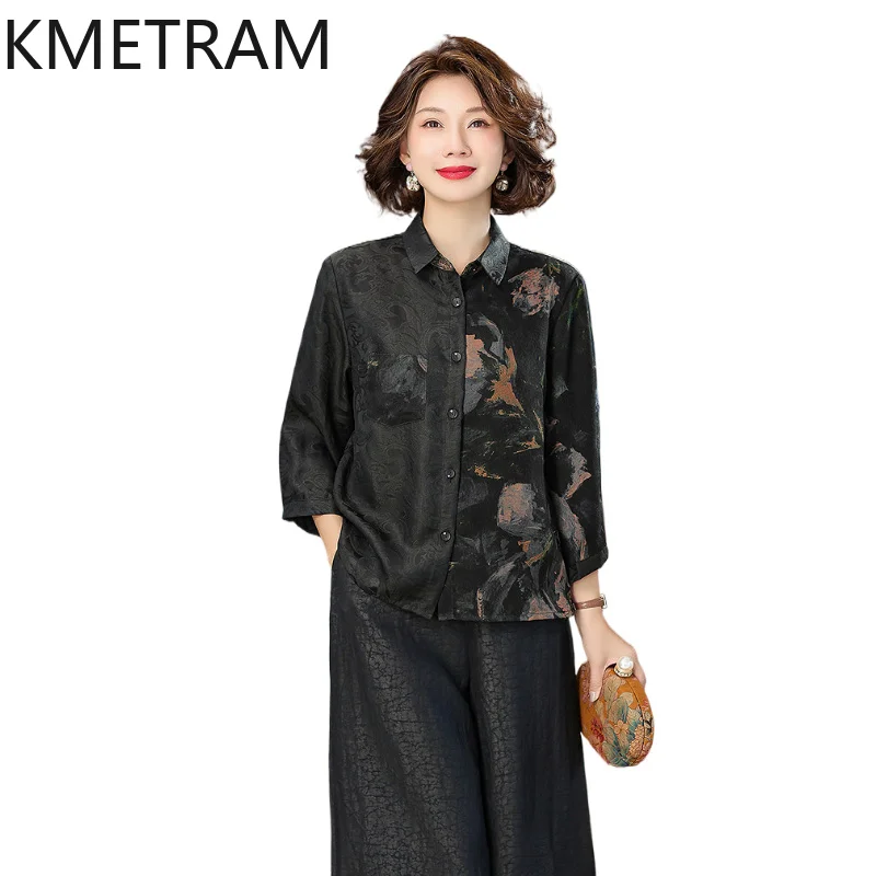 

KMETRAM 100% Mulberry Silk Women Shirt 2026 Spring Fashion Xiangyunsha Abstract Printed Three Quarter Sleeve Shirt Chemise Femme