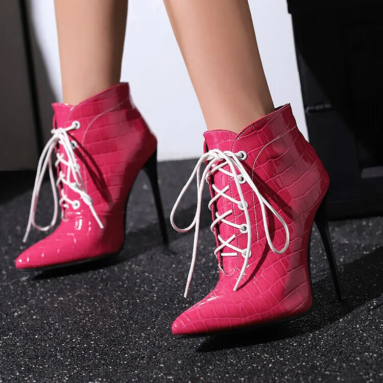 

Lace Up Pointed Toe Rose Red Women Ankle Boots Big Size 34-46 High Heels Shoes