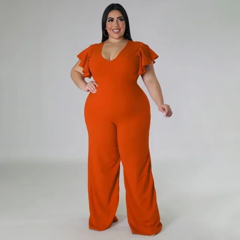 

KEXU Plus Size Women Plunging V-neck Ruffles Sleeve High Waist Wide Leg Straight OL Jumpsuit Romper Elegant One Piece Overalls