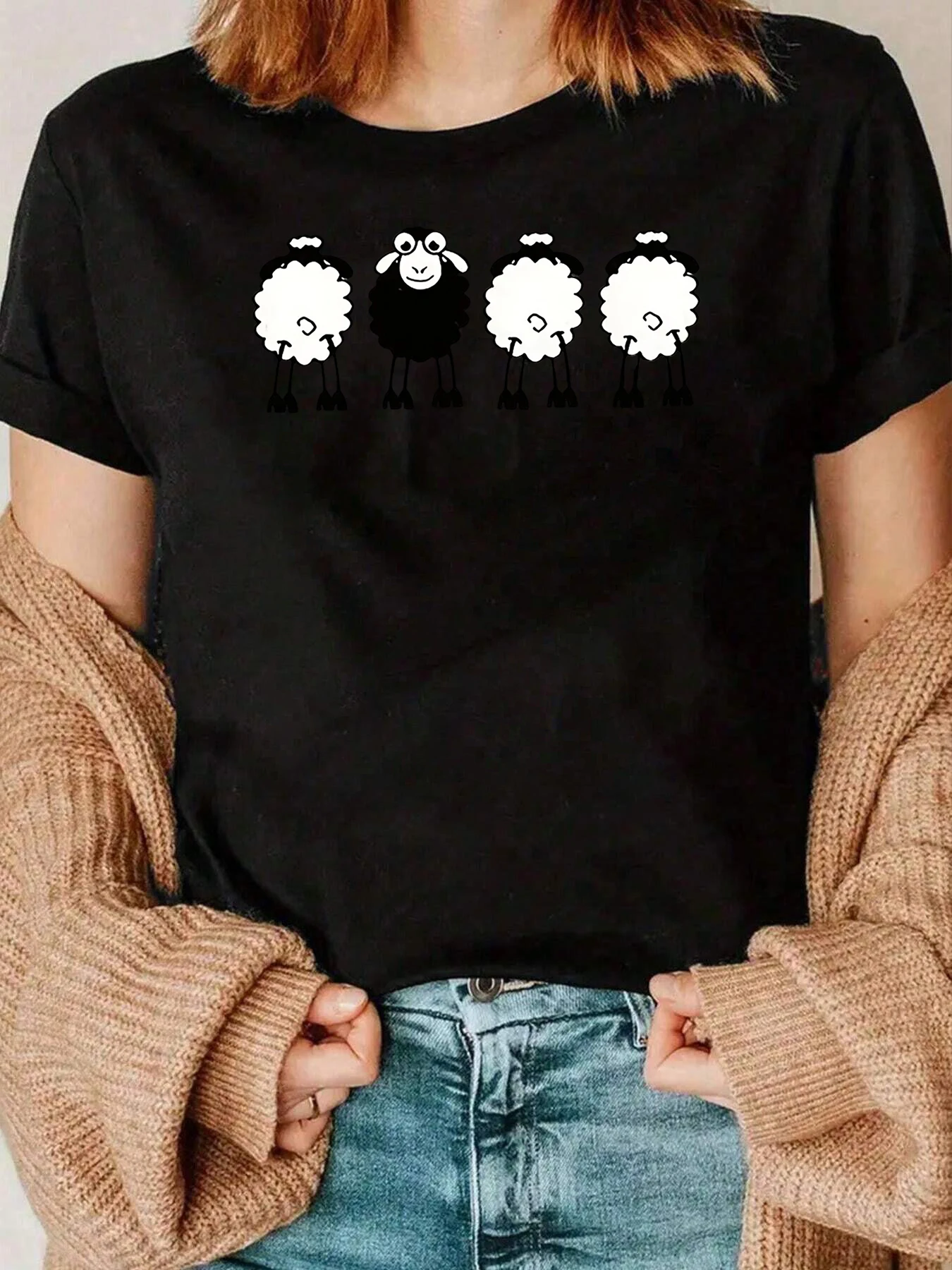 Camiseta gráfica con estampado de ovejas Ropa casual Mujer 220g