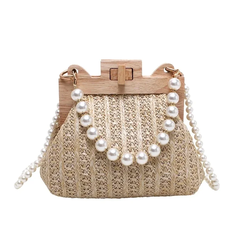 Fashion Weave Straw Shoulder Bag for Women New Summer Wooden Top Handle Clip Bag Luxury Designer Handbags Trend Female Handbag