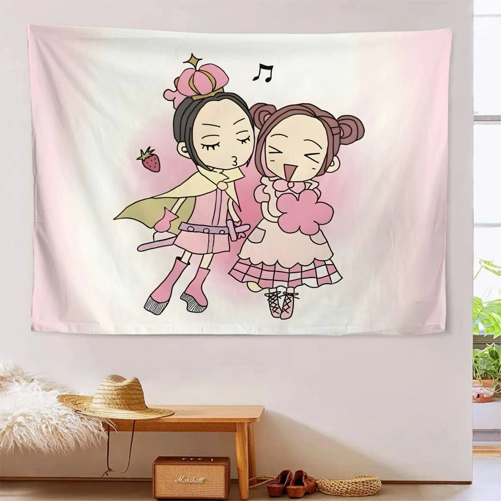 Cute Anime Girls Tapestry Kawaii Cartoon Wall Art Pastel Pink Decor Bedroom Nursery Room Decoration for Kids and Teens