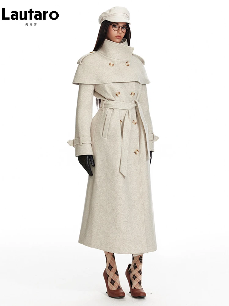 

Lautaro Autumn Winter Long Warm Wool & Blends Coat for Women with Detachable Cape Double Breasted Overcoat New in Outerwears