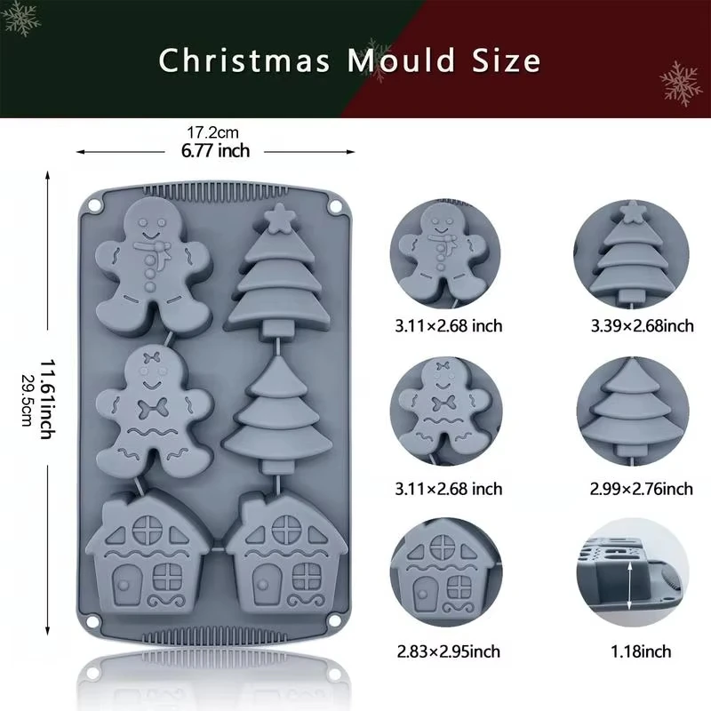 Christmas Silicone Baking Mold with Fun Christmas Shapes Gingerbread Tree & House premium Food-grade Silicone Mold