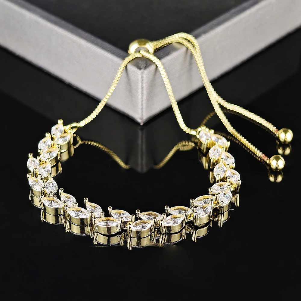 Trendy Cubic Zirconia Leaf Bridal Bracelets Bangle for Women White Color Adjustable Bracelet Wedding Jewelry S8482