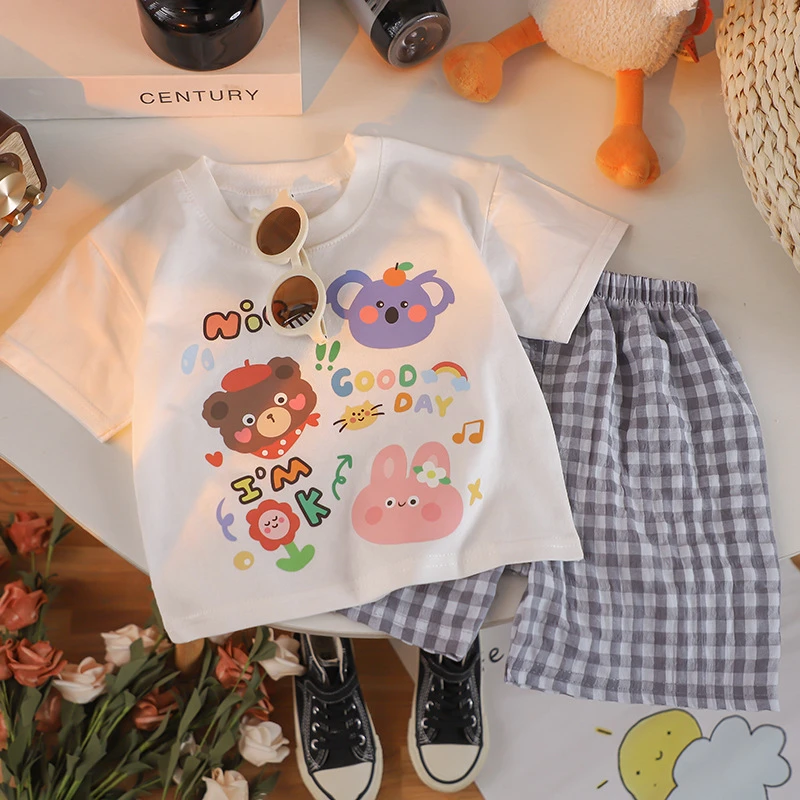 Cartoon Printed T-shirt Casual Suit Summer Girls And Boys Clothes Plaid Shorts Tees 2pc/set Children Clothes Leisure Outfits