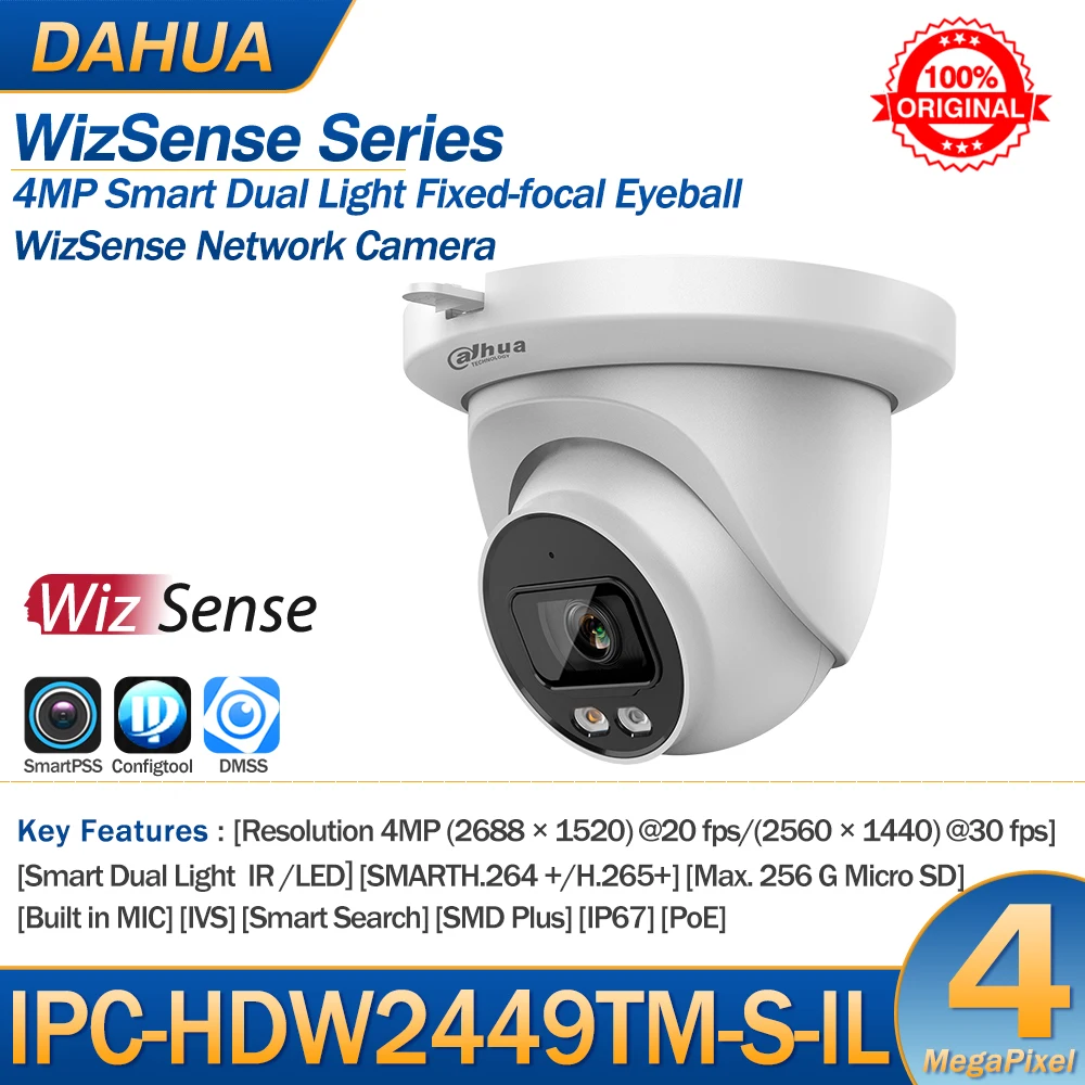 Dahua IP Camera 4MP IPC-HDW2449TM-S-IL Smart Dual Light POE Fixed-focal WizSense Built-in MIC Warm Light/IR SD Slot Slot IP67