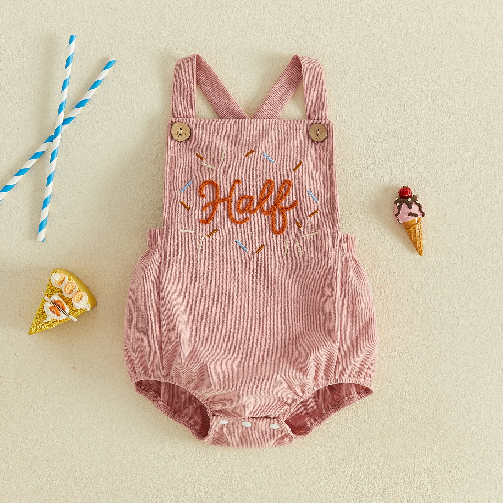 Half Birthday Bubble Romper for Infant Boy Girl Sleeveless Bodysuits Cute Baby Corduroy Overalls Outfits