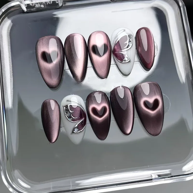 

24Pcs Medium Almond Press-on Nails: Black-Purple Magnetic Cat Eye with 3D Silver Butterflies Smudged Hearts-Gothic Fantasy Style