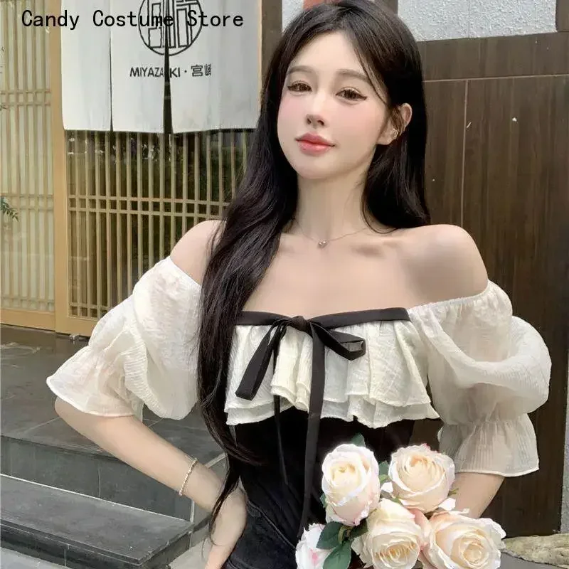 

Ruffles Chic Sweet Vintage French Style Short-Sleeve Aesthetic Halter Hot Summer Leisure Fashion Patchworkcropped Blouses Women