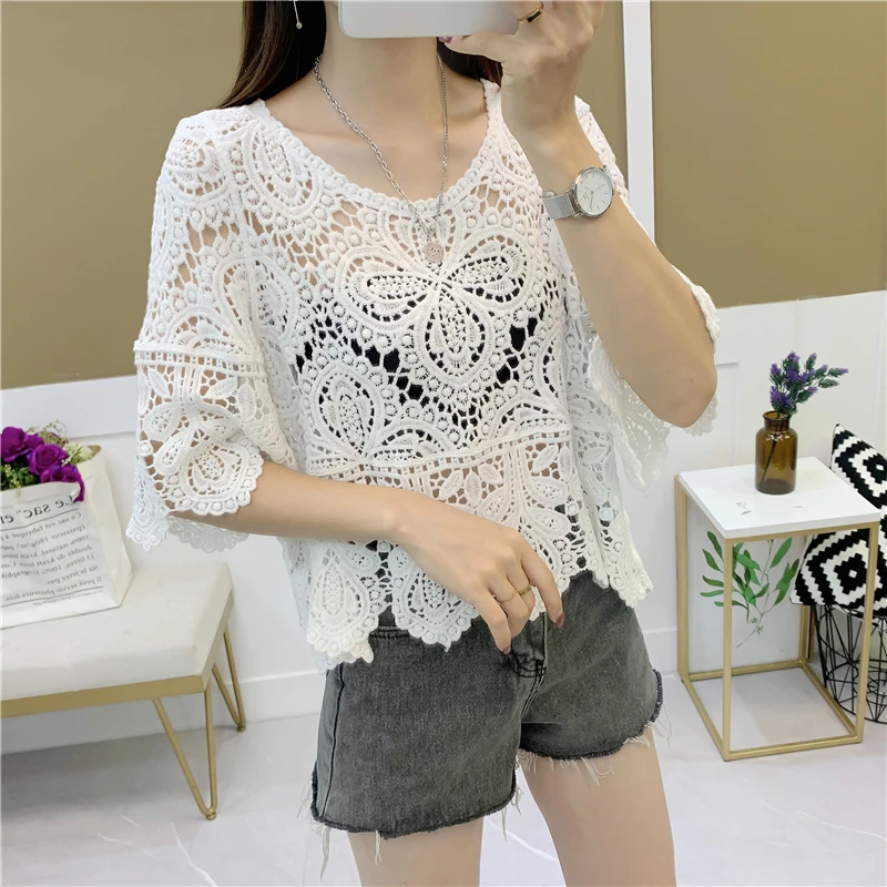 Floral Paisley Crochet Tops Women Smei Sheer Hollow Out Lace Blouse Women Bohemian Style Summer Beach Cover-ups view 4