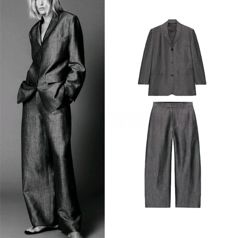 

Women's Tailored Suit Jacket with Single Button And Wide Leg Casual Pants Long Sleeve Turn-down Collar Two-piece Set Summer F...