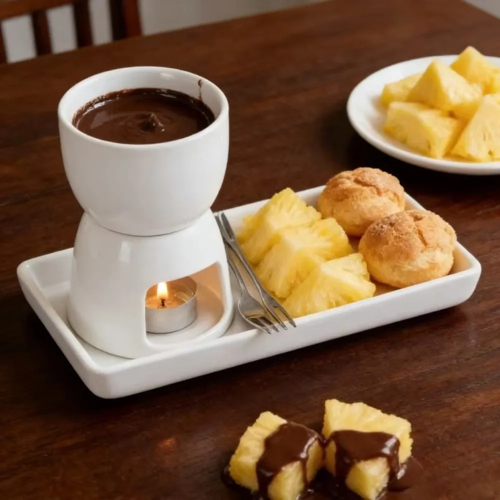 Ceramic Chocolate Cheese Fondue Cup with Fork Glazed Surface Tea Light Candle Butter Warmer Ventilated Mini