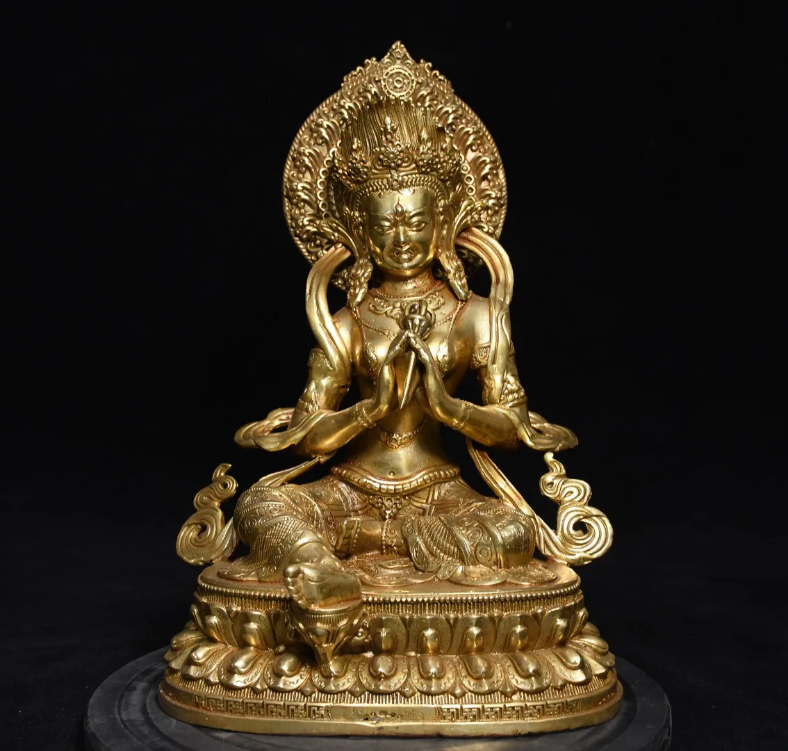 Tibetan brass gilt Gang Zongzhi Tara Guanyin Bodhisattva Hall Household Goods Ornament Chinese incense case jewelry 24cm