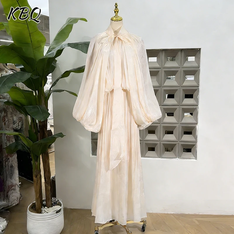 

KBQ Elegant Loose Solid Minimalilst Pleated Dresses for Women Round Neck Long Sleeve High Waist Temperament Dress Female New New