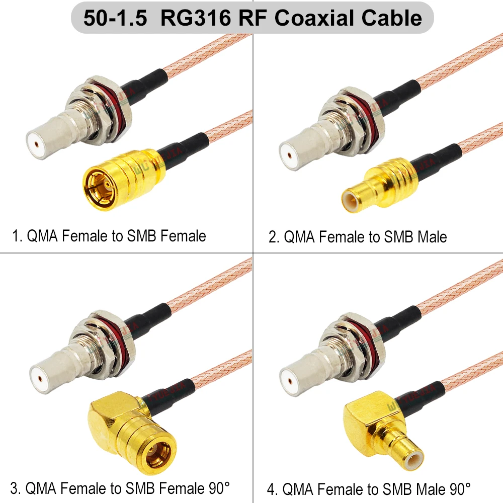 

1Pcs RG-316 QMA to SMB RF Cable SMB Type SMB Male / Female Right Angle to QMA Female Bulkhead Connector 50-1.5 RF Coaxial Cable