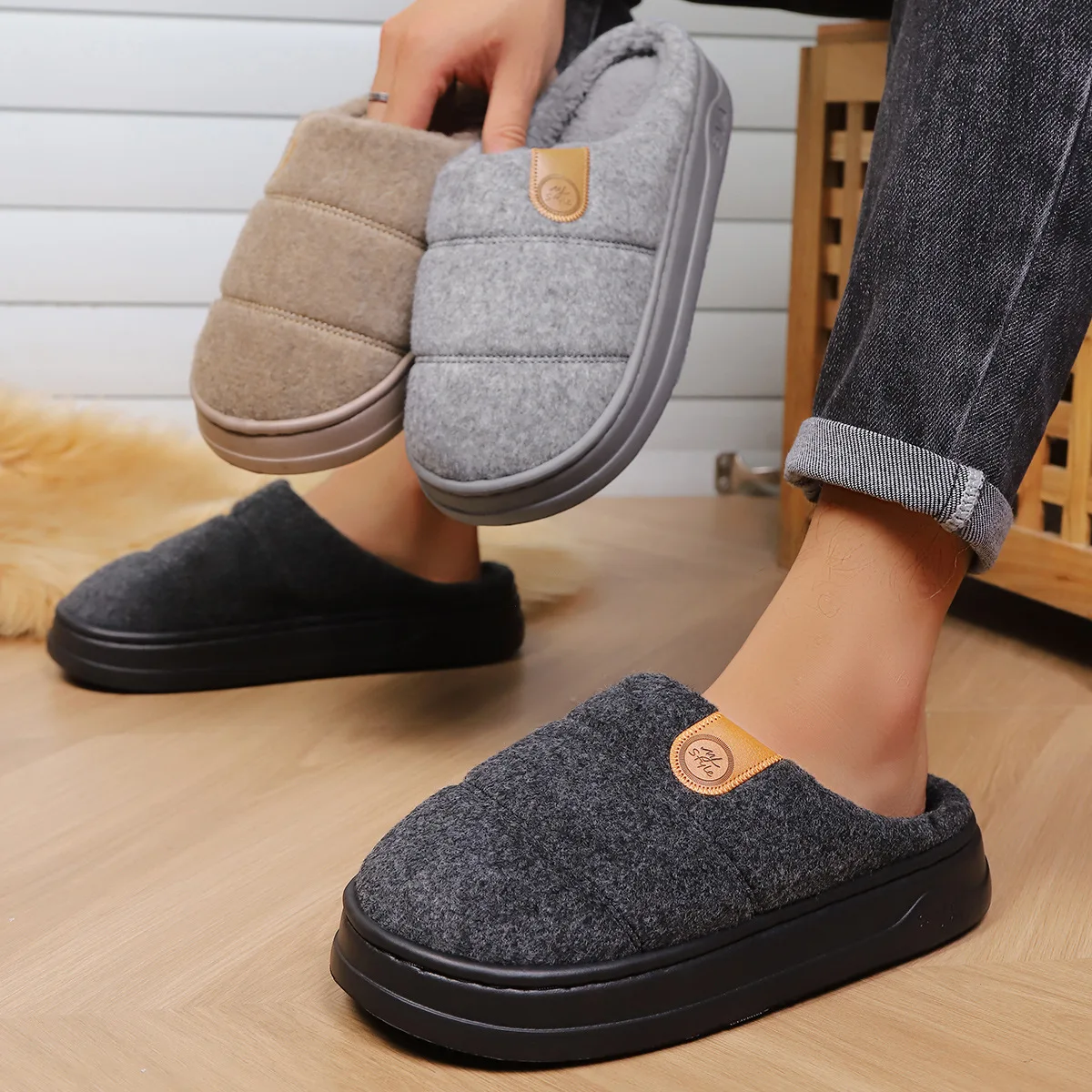 Mens Big Size Mule Slippers Thick Sole Fleece Lined Winter Warm House Slippers Extra Large Size Anti Slip Indoor Home Footwear