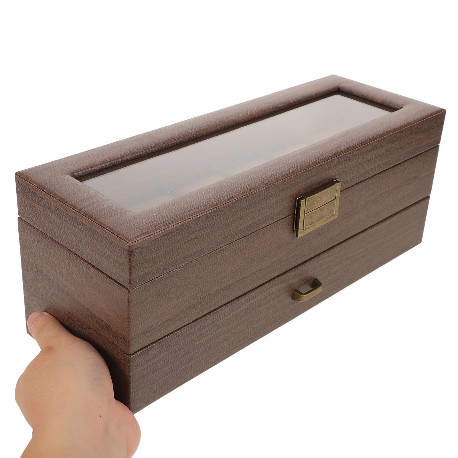 

Brown Wood Box Double Layer Glass Lid Storage Organizer for Men's Women's Watch Jewelry Collection Display Case