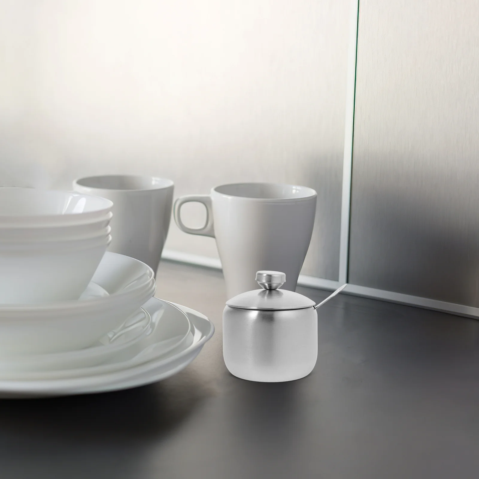 

200ml Stainless Steel Sugar Container Lid Spoon Kitchen Condiment Jar Seasoning Holder Easy Clean Sugar Storage for Home Kitchen