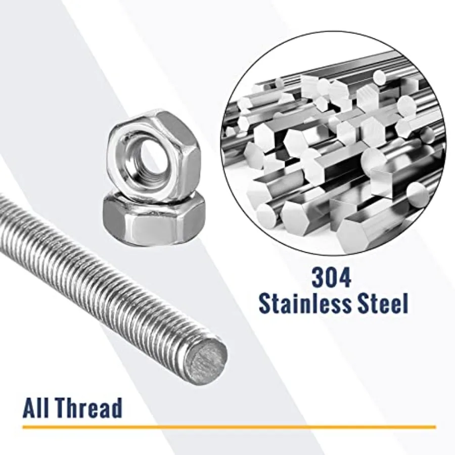 6 قطع 8 32 بوصة 4 مم 12 بوصة قضيب ملولب مع مجموعة صواميل سداسية تتضمن 4 مم × 300 مم 304 قضيب ترصيع من الفولاذ المقاوم للصدأ بخيوط كاملة