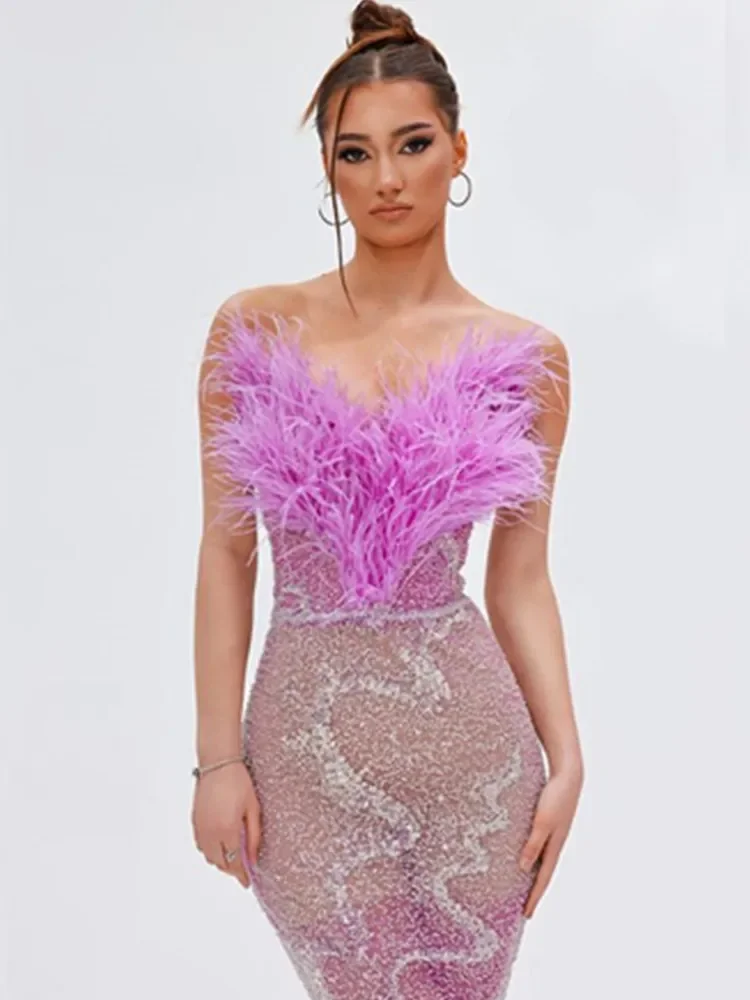 Women Ready Party Dress Luxry Purple Strapless Furry Sequins Embroidery Maxi Long Birthday Celebrity Evening One Piece Gala Gown