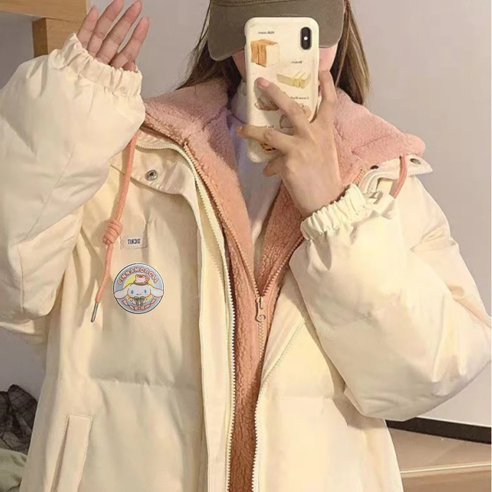 Kawaii Cartoon Cinnamoroll Kuromi Women Winter Down Jacket Sanrioed Anime Thickened Lamb Wool Splicing Fake Two Pieces Warm Coat