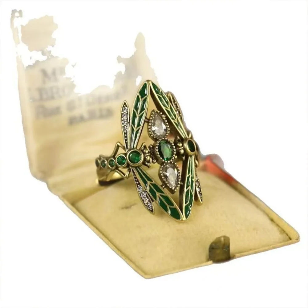 Retro Bohemia Green Glazed Crystal Dragonfly Wide Opening Adjustable Rings for Women Exquisite Luxury Jewelry Accessories Gifts view 5
