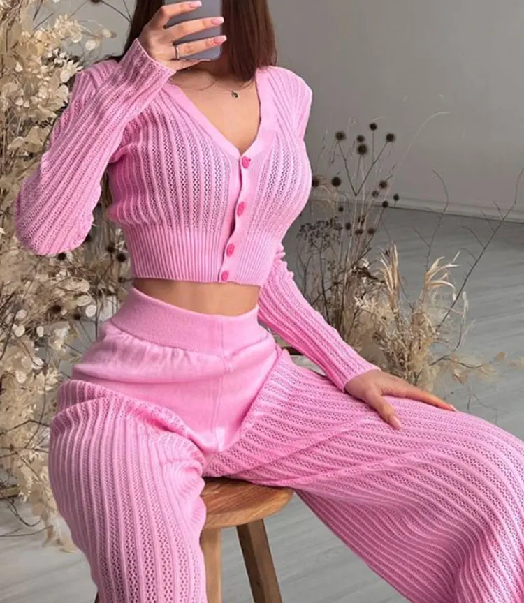 Sexy Hollow out Knitted Pants Sets Women\'s Long Sleeve Single breasted Short Knitted Sweater Cardigan&Flare Pants Two Piece Set