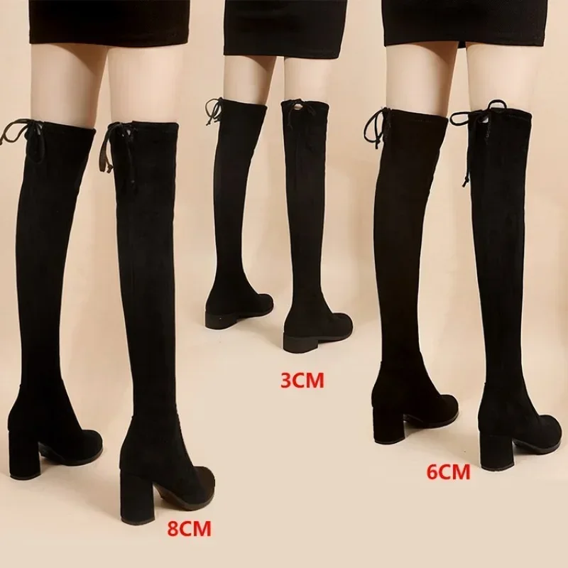 Faux Suede Female Heels Autumn Zipper Elastic Knee-high Boots for Women Tube Lace-up Thigh Gigh Boots Black Botas Mujer