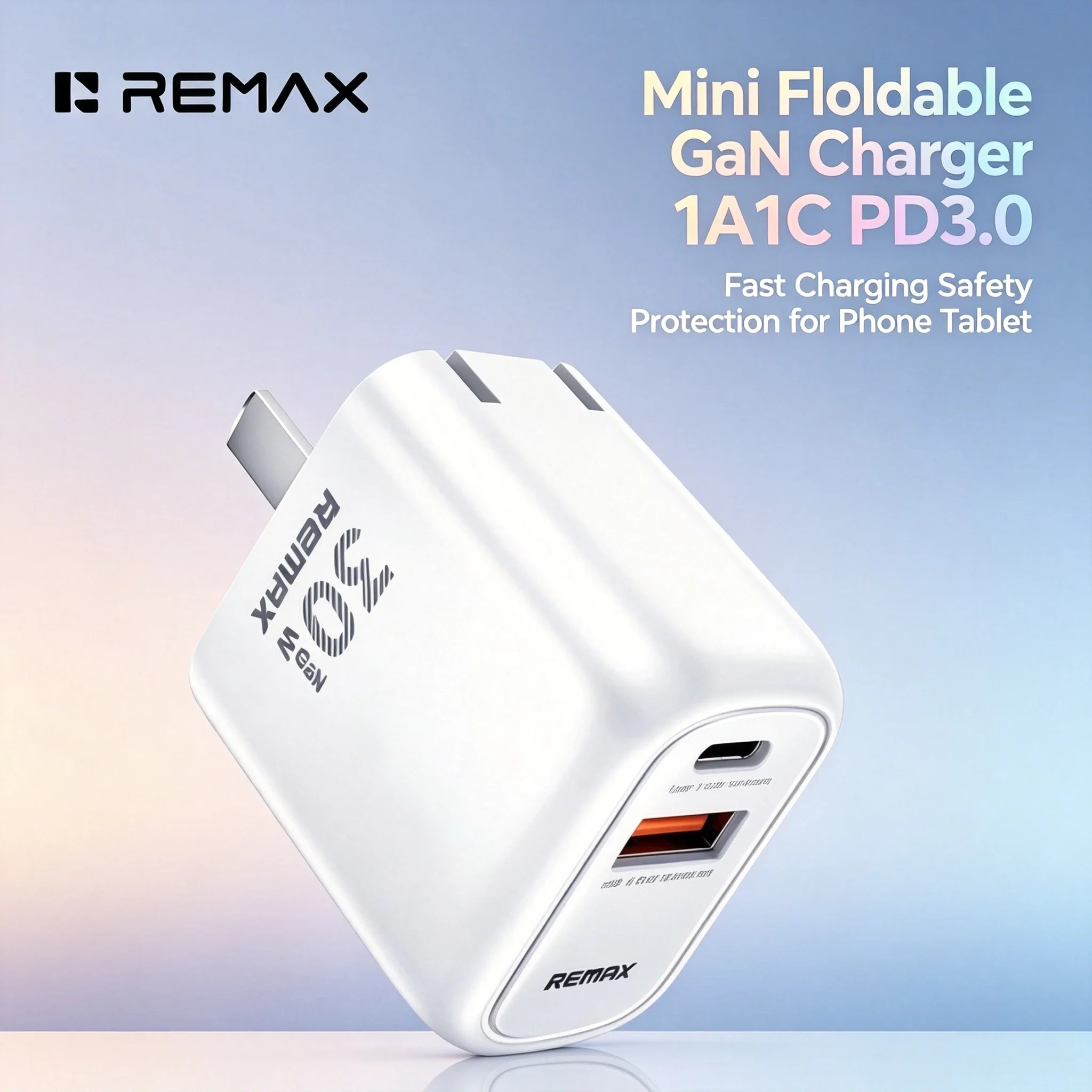 REMAX 30W GaN Dual Port Charger 1A1C PD3.0 QC3.0 Fast Charging Foldable Travel Wall Adapter with Multi Protection for Phone Tabl