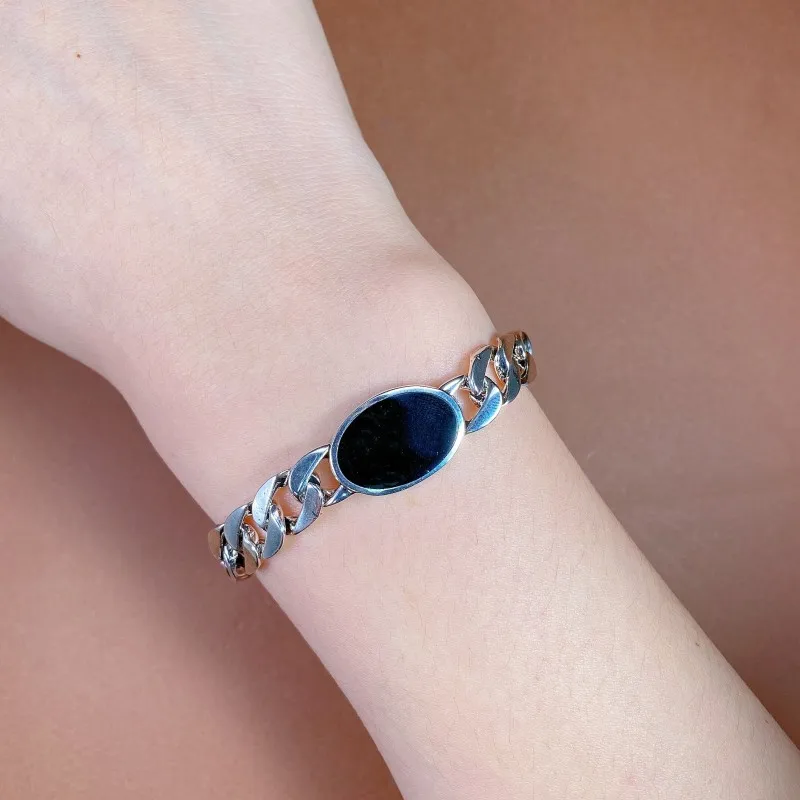 Personality Retro S925 Sterling Silver Tank bracelet Retro Trendy Men's Inlaid Black agate Cuban bracelet Simple Fashion Jewelry 5