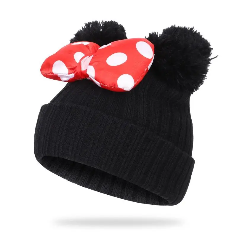 Disney Minnie Bow Children\'s Knitted Hat Cartoon Mickey Boys And Girls Winter Solid Colour Warm Christmas Gift