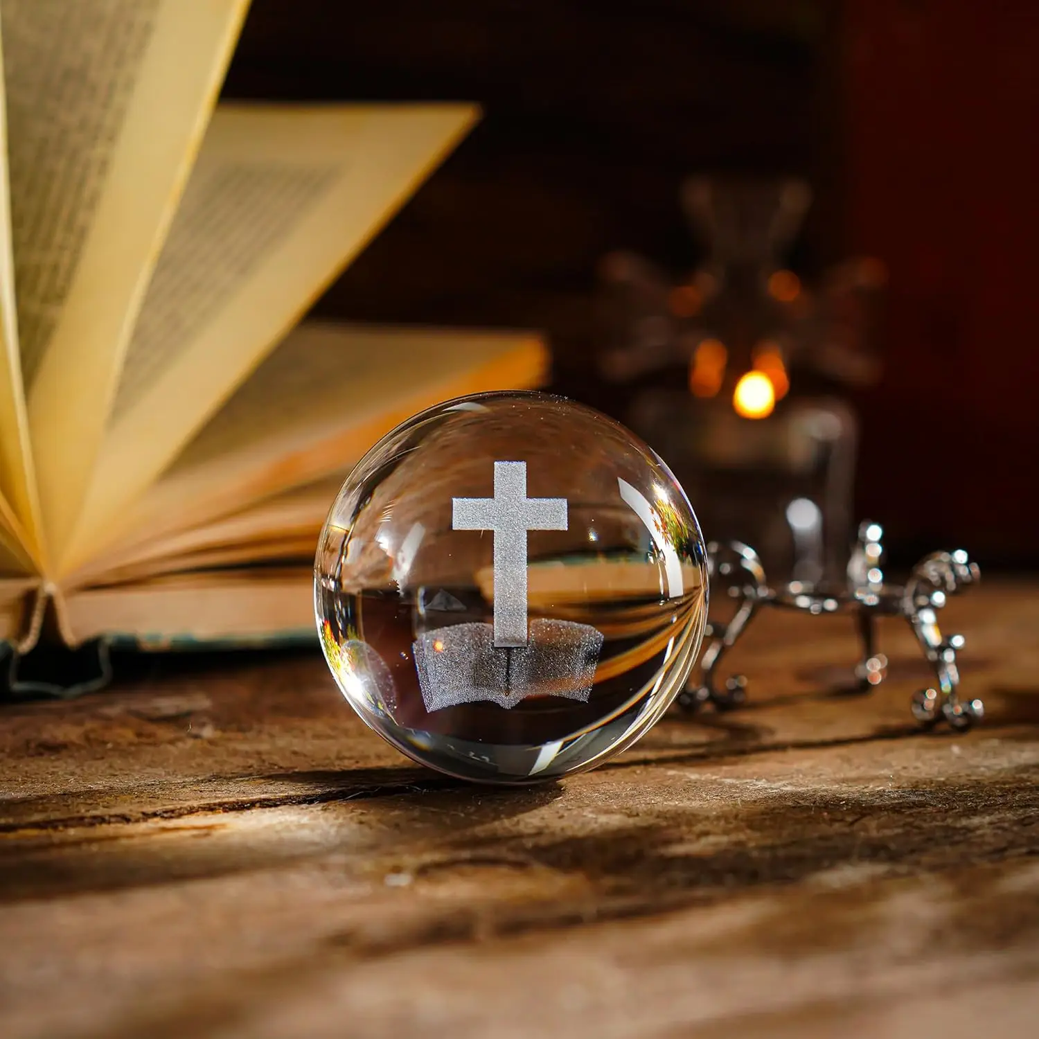 3D Cross Bible Crystal Ball with Metal Stand Religious Christian Collectible Decoration for Home Office Baptism Gifts