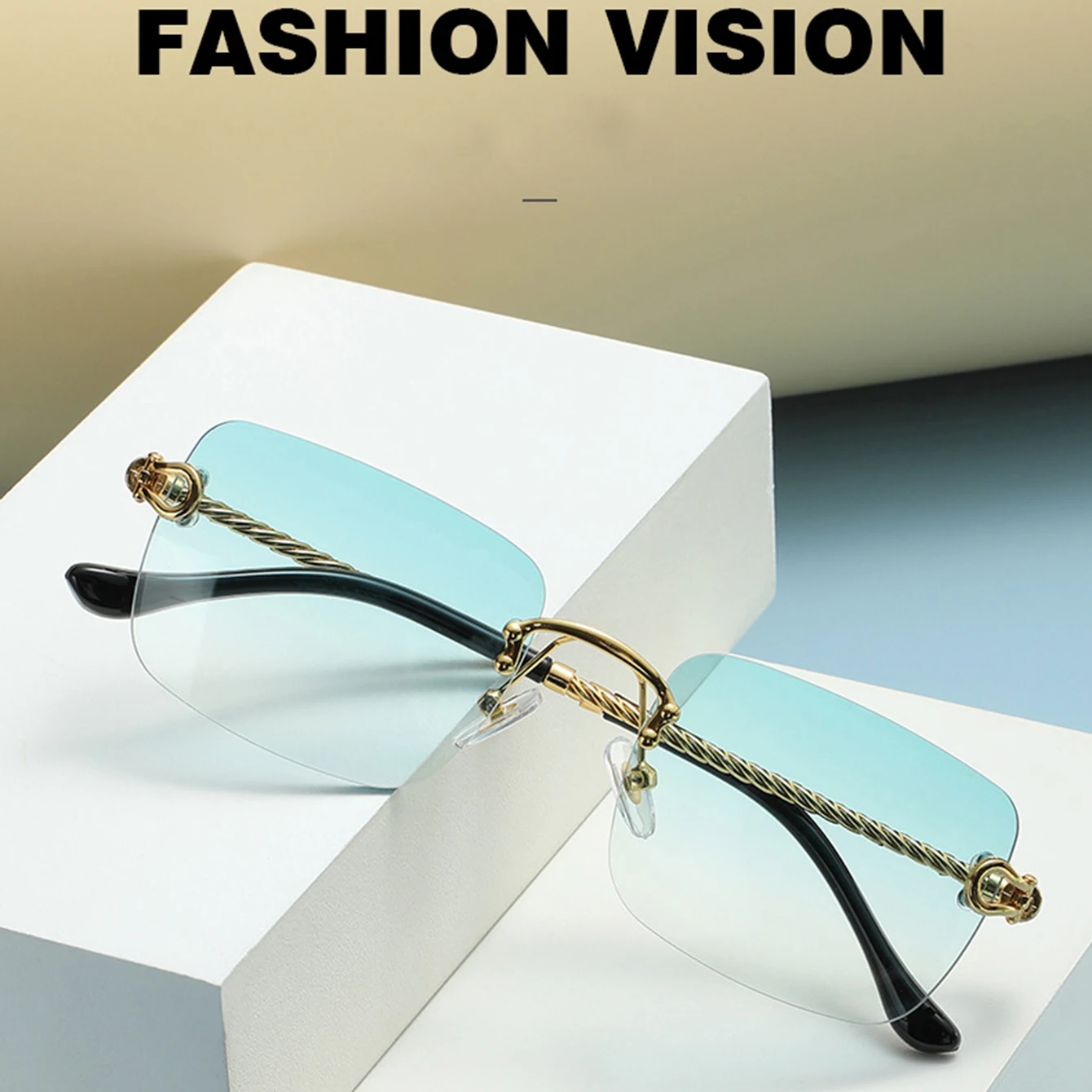 

Frameless Square Cut Edge Sunglasses New Metal Fried Dough Twists Mirror Legs Cross Men's and Women's Street Fashion Sunglasses