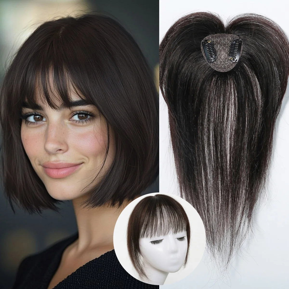 Brown 100% Human Hair 10inch Bangs for Women with Sideburns Clip in Wispy Fringe Hairpiece Heart Shaped Top Air Bangs Extensions