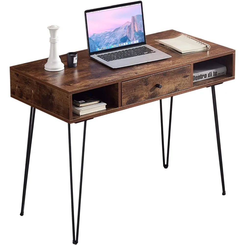 

39.3" Home Office Work Table with Drawers,Computer Desk with Hairpin Leg for Writing/Study,Classic Brown